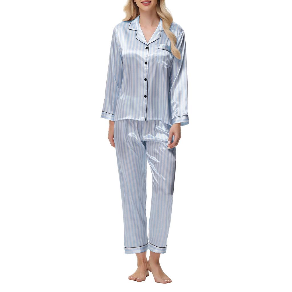 Атласный полосатый костюм из ледяного шелка с длинным рукавом, шелковая женская домашняя одежда