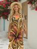 Women's Hibiscus Tribal Island Printed Short Sleeve Dress - Crew Neck Full Body Dress