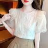 Fashion Short Sleeve Casual Chiffon Shirt for Women Summer Ruffle Rdge Patchwork Elegant Blouse Woman Slim Fit Vintage Puff Sleeve Tops Lady 24227