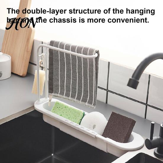 Space Saving Kitchen Sink Organizer Retractable with Towel Hanger, Adjustable Plastic Caddy Tray Sponge Holder, Large Capacity Countertop Drainage