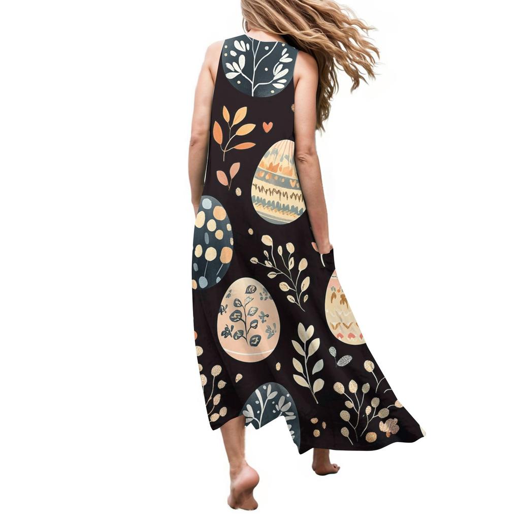 Women's Summer Casual Fashion Easter Printed Sleeveless Round Neck Pocket Dress