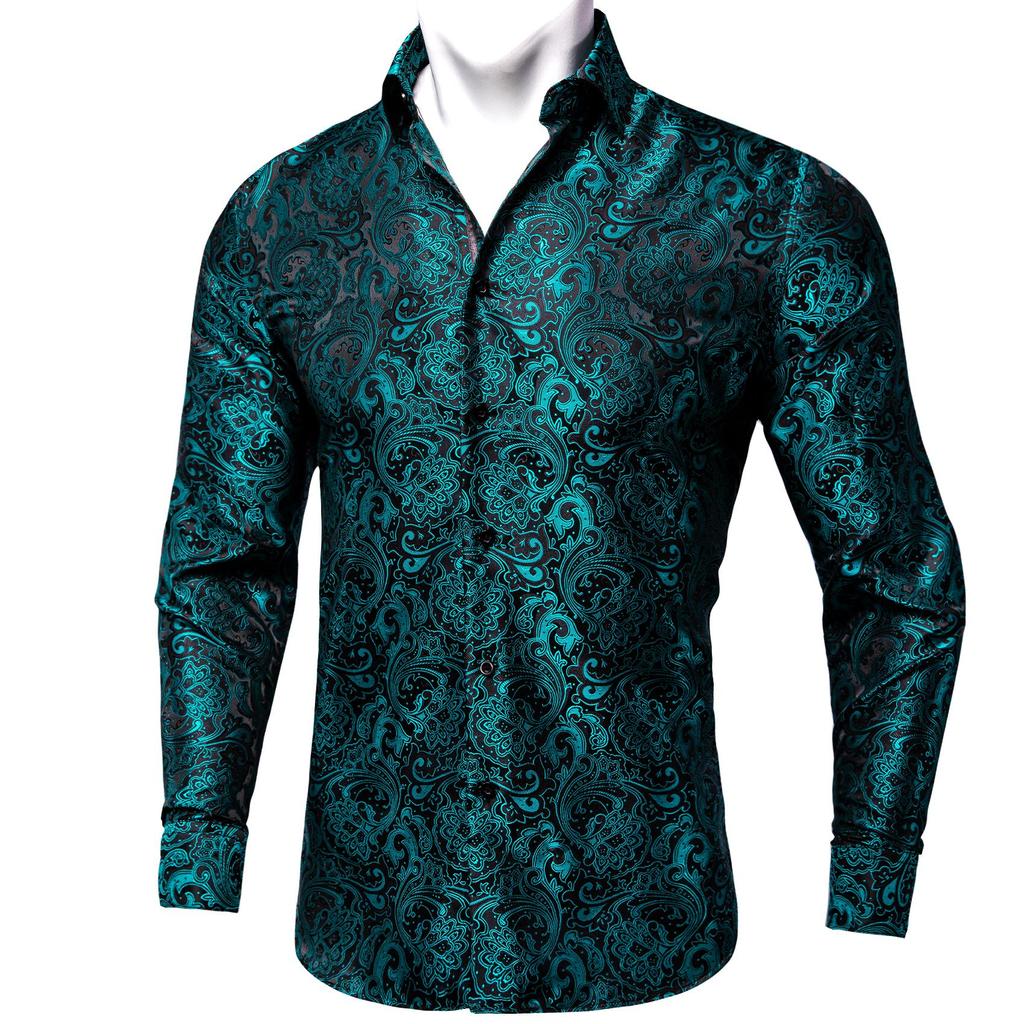 Men's Silk Shirt Button Down Dress Shirts Paisley Long Sleeve Shirts Formal Work Casual