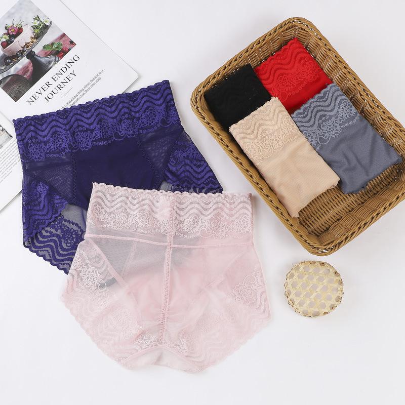 Lace High Waist Briefs Cinching Hip Lifting Underwear for Women Pure Cotton Antibacterial Strong Seamless Triangle Panties