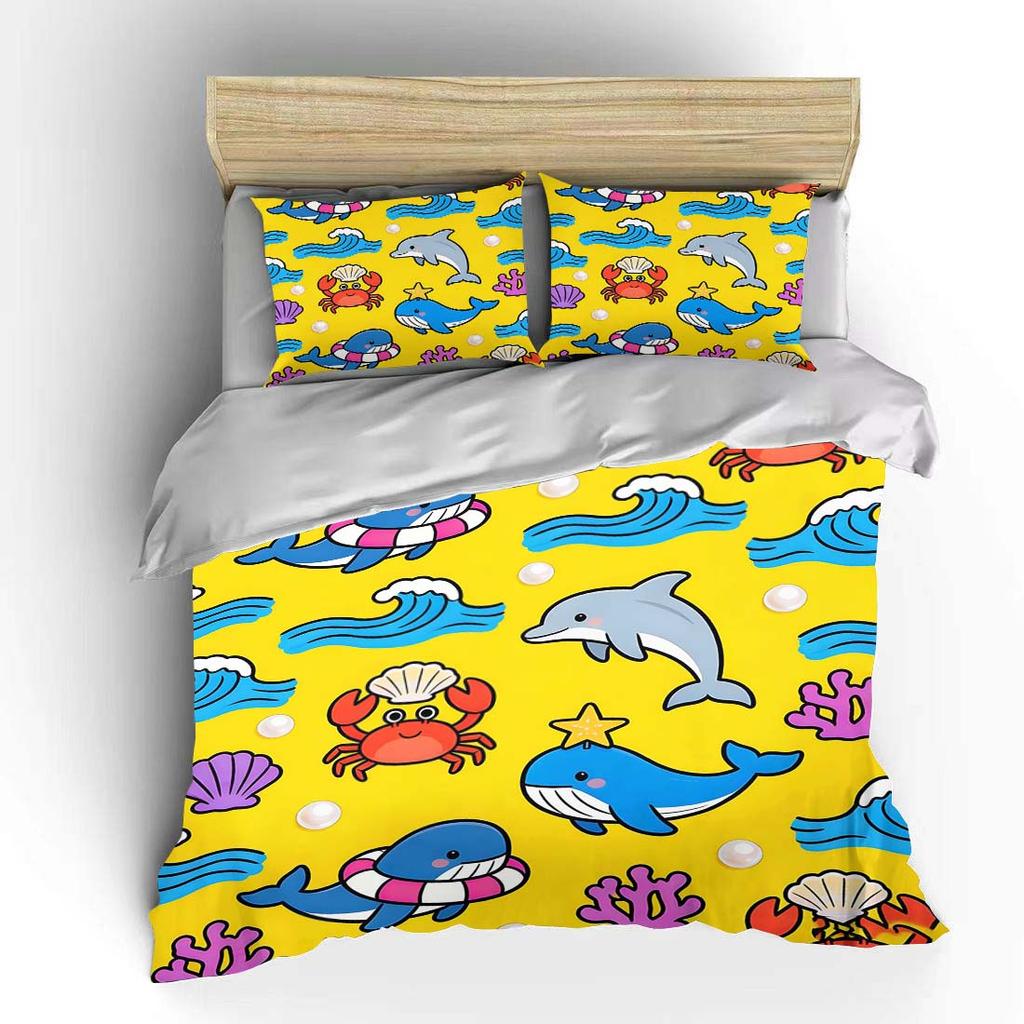 3PC Cartoon sea animal pattern Print Bedding Set 1 Duvet Cover 2 Pillowcases for Adult and Children Luxury Gift Full Size