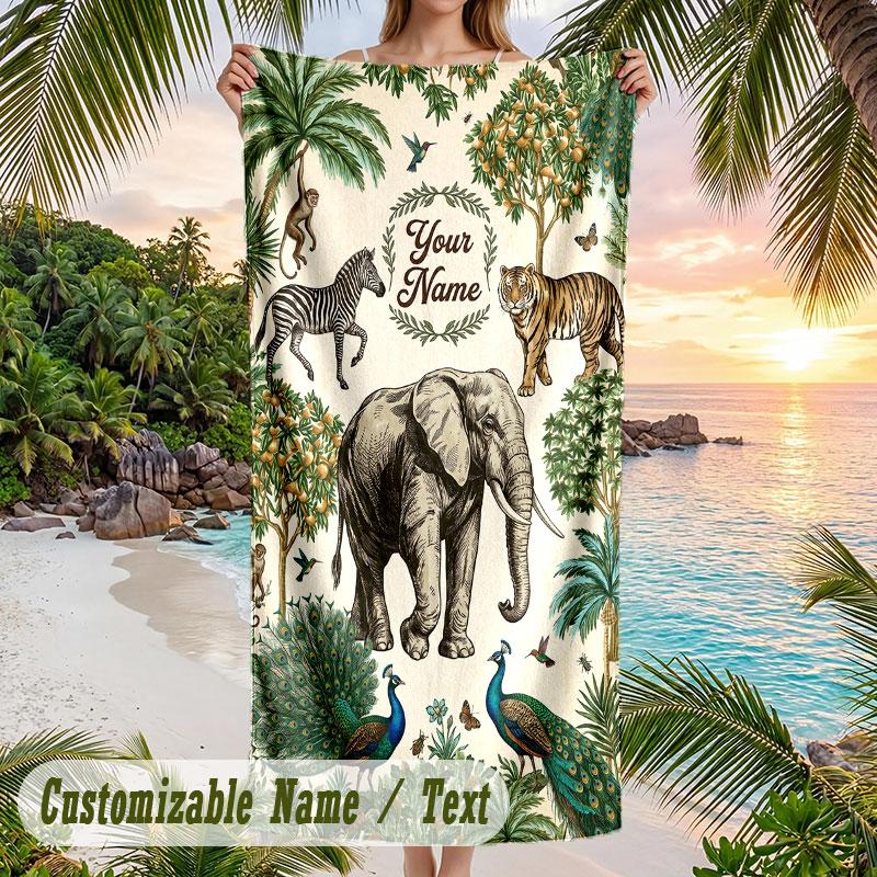 Jungle Animal Parade Theme Quick Dry Beach Towel Custom Name Text Print Large Sand Resistant Towel Beach Vacation