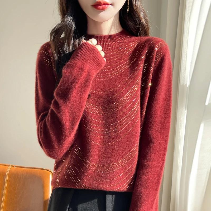 Женский свитер Осень Зима Утепленный пуловер Теплый вязаный в полоску с круглым вырезом Базовый слой Эластичный с длинным рукавом Оверсайз Джемпер Топы