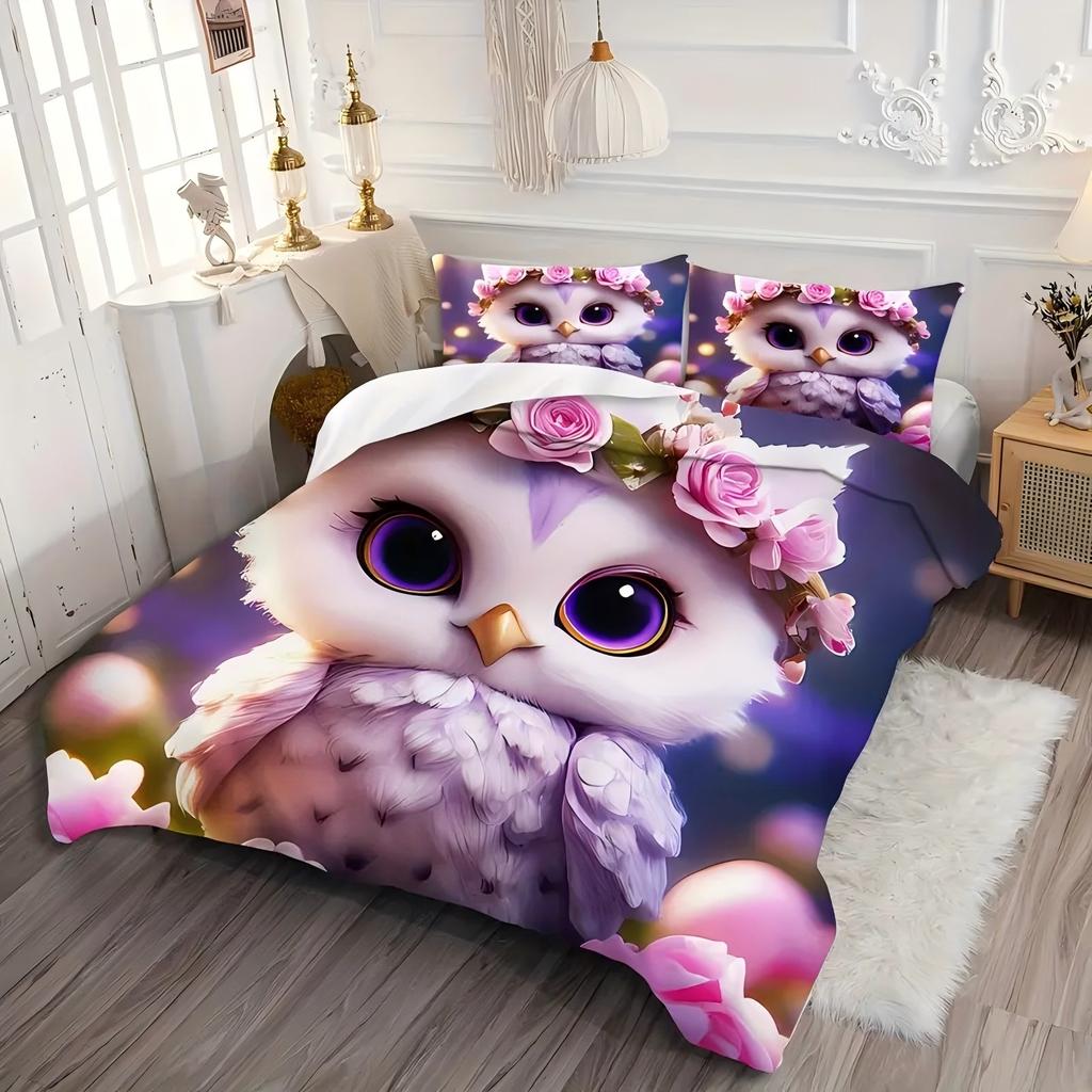 Милый узор совы 3D-печать Пододеяльник Мультяшный стиль с животными Комплект постельного белья Наволочки Полиэстер Мягкий Удобный Комплект пододеяльника