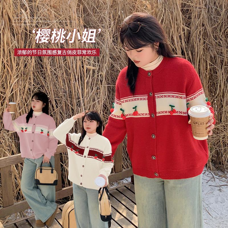 Large size women's clothing winter new lazy wind single-breasted New Year's wear red knitted cardigan 111999