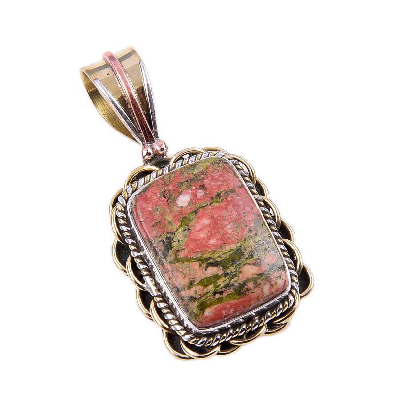 Natural Unakite Gemstone 925 Solid Sterling Silver Two Tone Pendant 1.50" F9U61