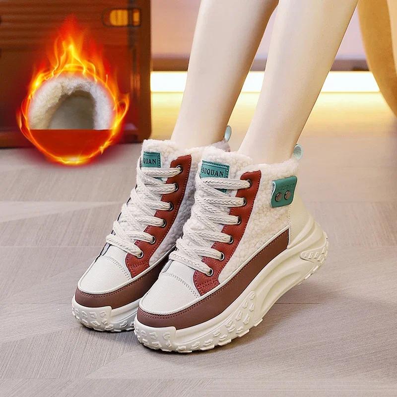 Женские кроссовки на платформе, модные спортивные туфли на шнуровке с толстой подошвой, женские зимние утепленные плюшевые удобные повседневные кроссовки с высоким верхом