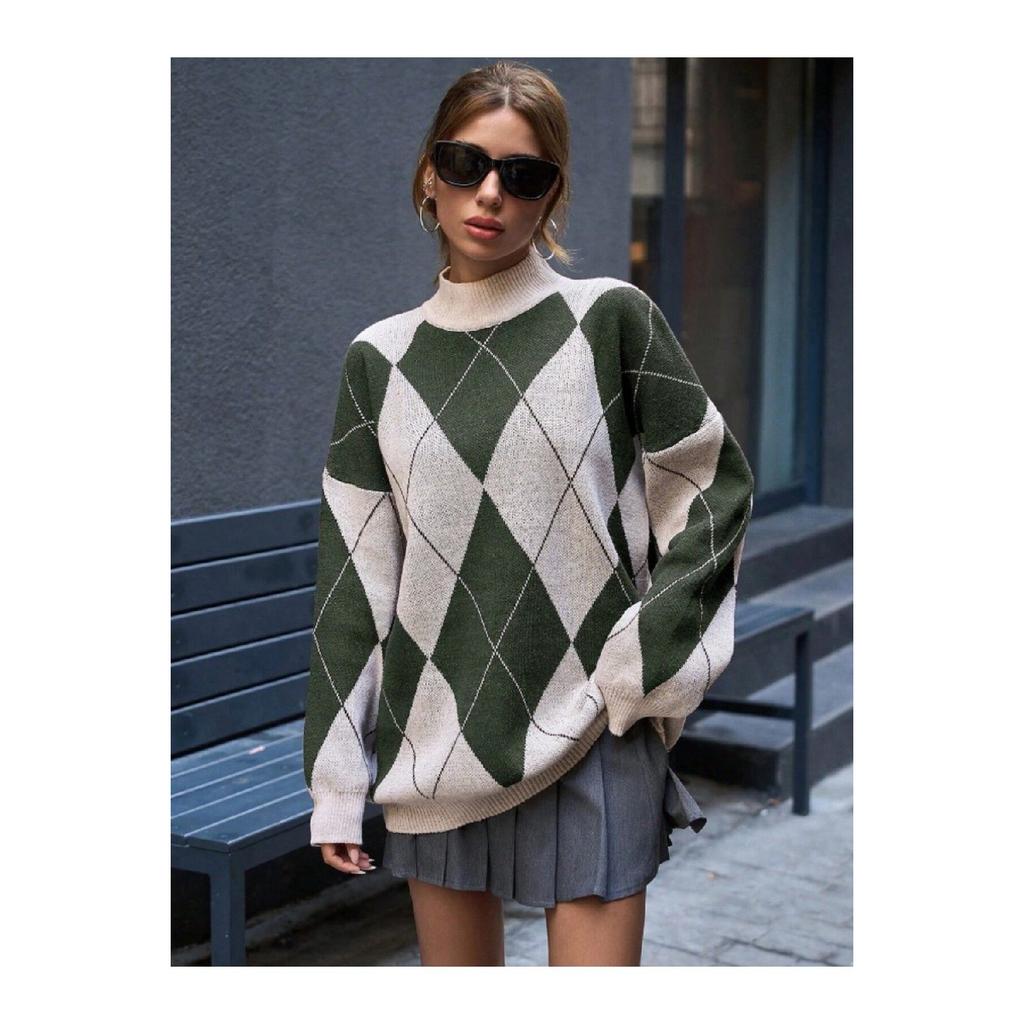 Women's Diamond Patterned Black High Collar Knitwear Sweater