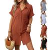 Женское летнее свободное удобное повседневное модное однотонное платье-рубашка средней длины с коротким рукавом из хлопка и льна