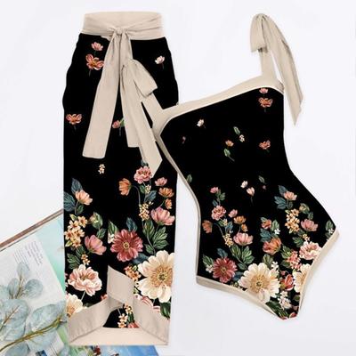 2 шт./компл. Пляжный монокини с юбкой, комплект с цветочным принтом, шнуровка сзади, без спинки, высокая талия, винтажный, купальник облегающий, с узлом, пляжная юбка, купальный костюм