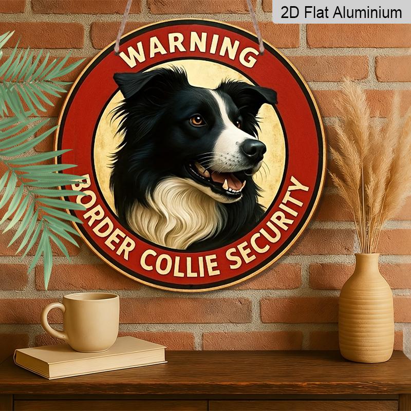 2D Flat Border Collie Warning Sign Round Aluminum Wall Artwork, Retro Logo, Featuring Friendly Dogs, Very Suitable for Families, Bars, Cafes