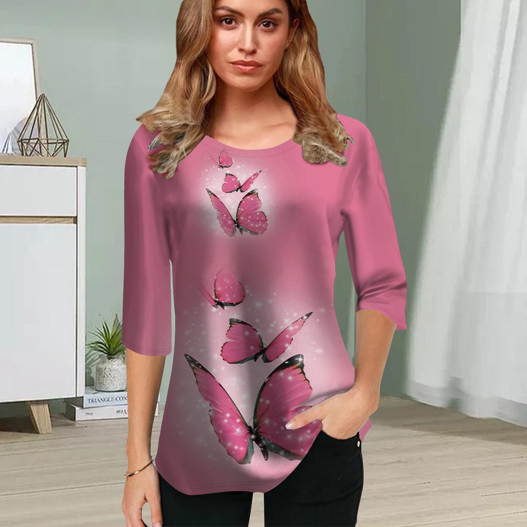 Womens Blouse 3D Pink Butterfly Printing Flower Half Sleeve Tops Summer Casual Tops Printed Round Neck Half Sleeve T Shirt
