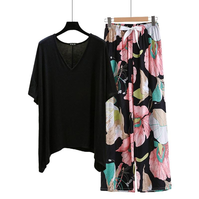 Необычная футболка и широкие брюки с цветочным принтом летние женские повседневные пижамные комплекты Костюм для дома с коротким рукавом Свободный легкий костюм для отдыха Большие размеры
