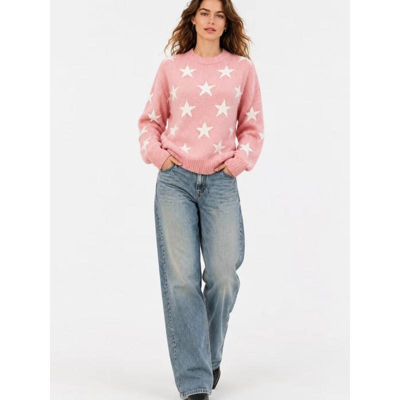 Womens Oversized Knit Sweater With Star Jacquard Round Neck Loose Fit Warm Winter Pullover
