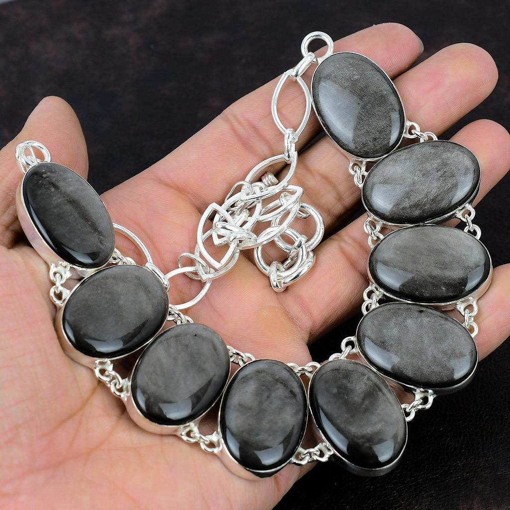 Silver Sheen Obsidian Necklace Real Gemstone Necklace 925 Sterling Silver Necklace Adjustable Chain Necklace Handmade Necklace Gift For Her