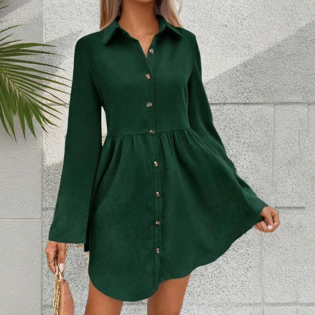 Women's Casual And Fashionable Long Sleeved Lapel Single Breasted Skirt Type Shirt Dress