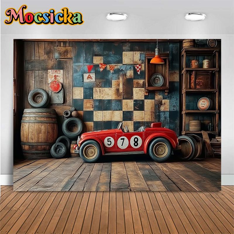 Mocsicka-Фон для фото гоночного автомобиля, вечеринка по случаю дня рождения, шиномонтаж, декорации для деревянного дома, фотофон, студийный баннер.