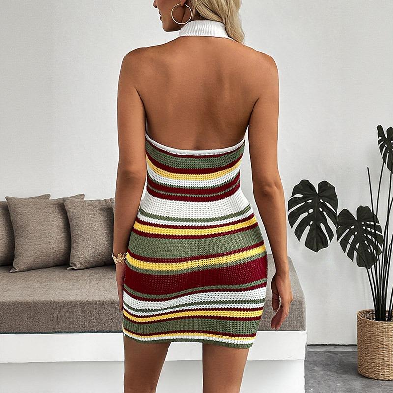 Retro Slim Lapel Halter Neck Striped Dress for Women In Summer