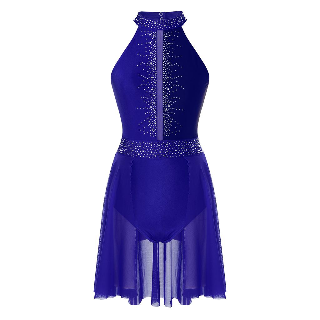 Женский балетный трико без рукавов с блестящими стразами, гимнастический балетный трико с лямкой на шее, лирический танцевальный костюм