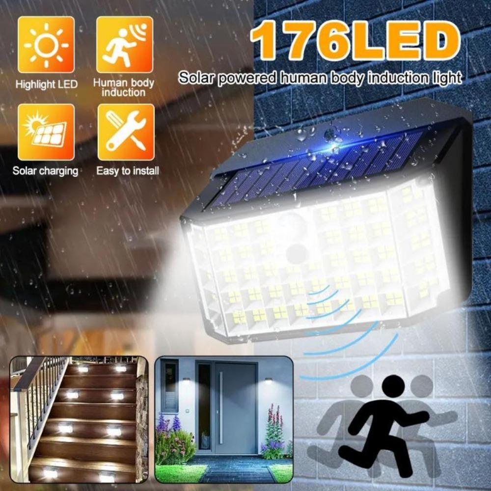 Solar Outdoor Lights 176 LED Solar Powered Motion Sensor Flood Lights IP65 Waterproof 3 Modes Wall Lamp For Outside Porch Yard