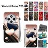 Handmade PU Leather Flip Case for Xiaomi Poco C75 4G Anti-Slip Shockproof Cover with Wrist Strap & Heart/Rose Cat Designs