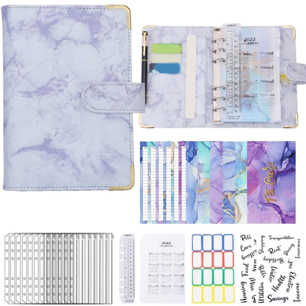 A6 PU Leather Budget Binder A6 Notebook Binder for Budgeting Money Saving Folder Marble Pattern Corner Protector Light