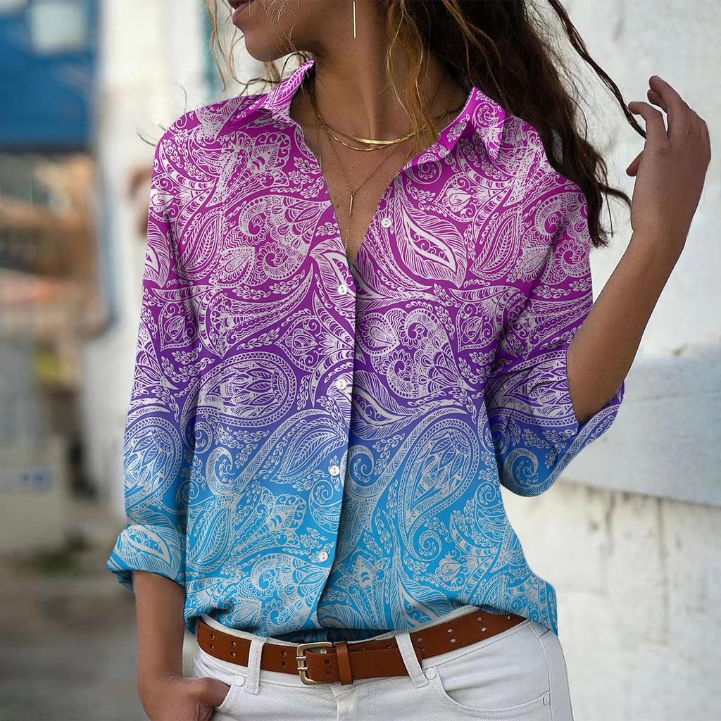 Парамеция Принт Женская Блузка Весна Осень Femme Офисная Дама На Пуговицах Рубашки С Отложным Воротником