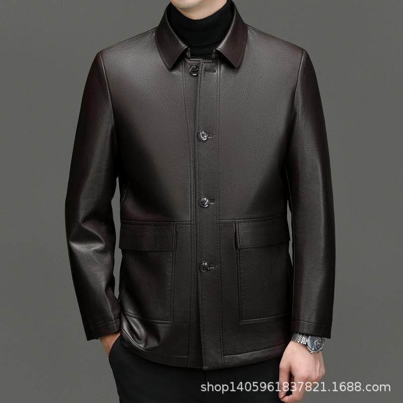 Новые осенние и зимние куртки из натуральной кожи Мужские кожаные куртки средней длины с лацканами для людей среднего и пожилого возраста Куртки для пап
