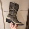 Осенне-зимние ретро-ковбойские сапоги для женщин с толстой подошвой Mordern Botas Fashion Slip on Rivet Chain Женские повседневные короткие сапоги D27