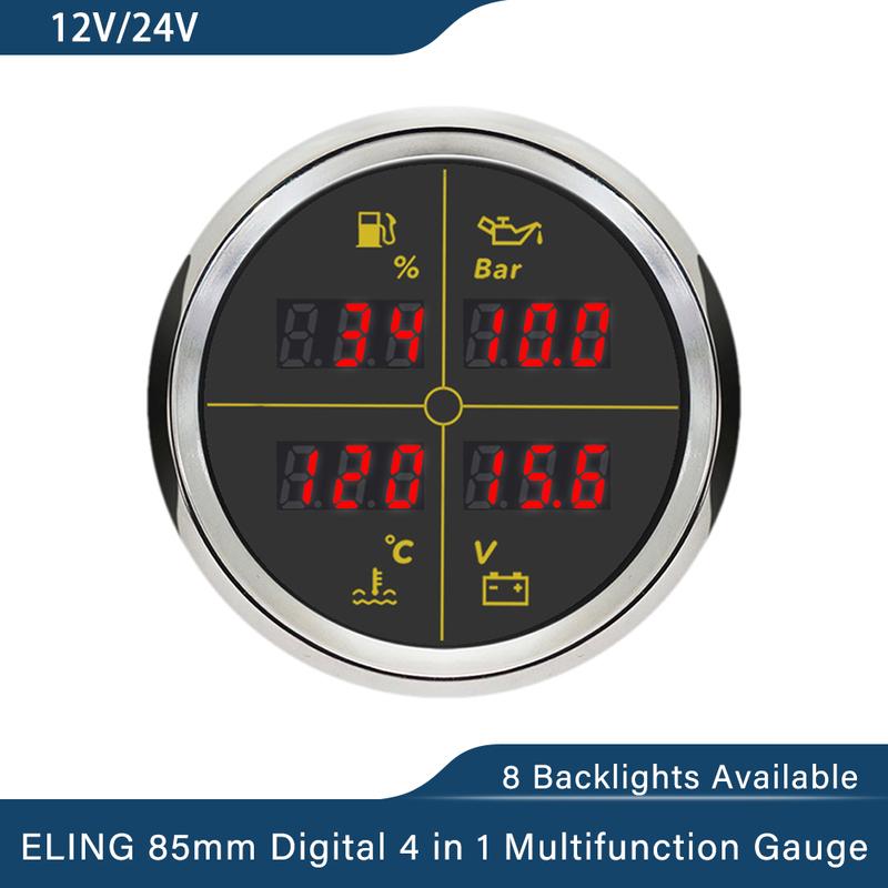 ELING Car 12V 24V 52mm 85mm 4 in 1 Multifunction Gauge with Fuel Level Oil Pressure Water Temp. Voltmeter and 8 Colors Backlight
