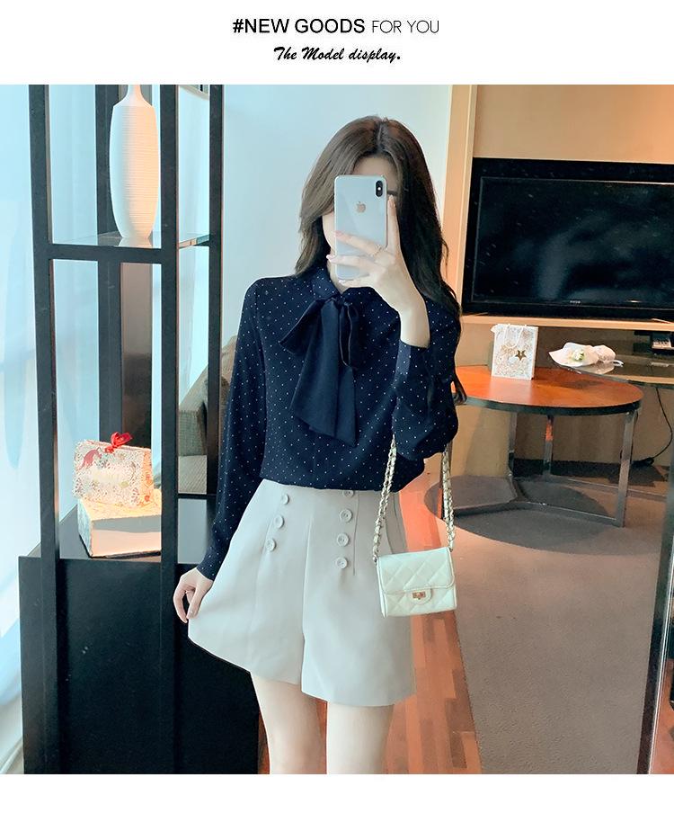 Шифоновая блузка в горошек с бантом - Женская осенняя мода с длинным рукавом