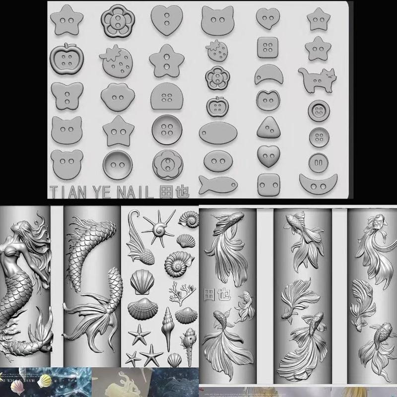 3D Soft Silicone Nail Ocean Mermaid Templates Nail Art Mold Goldfish Koi Buttonscarves Cartoon Template For Nail Diy Accessories
