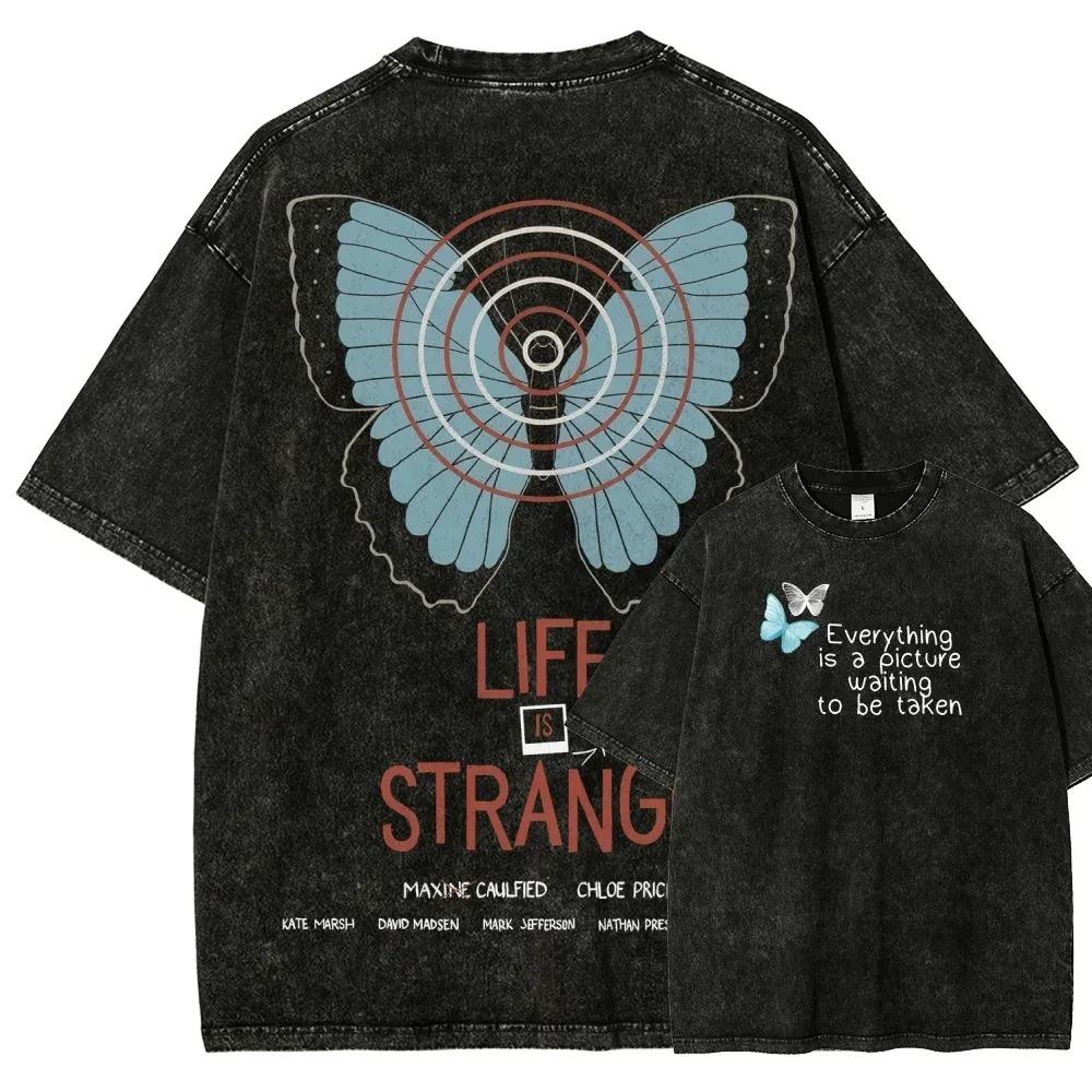 Свободная стираная хлопковая футболка с принтом 'Life Is Strange' для мужчин и женщин