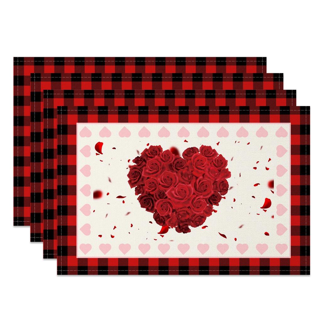 Heart Shape Placemats Romantic Love Pattern 4pc Linen Dining Mats Heat Resistant Valentine's Day Wedding Anniversary Party Decor