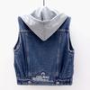 Fall Spring Lady Denim Coat Single-breasted Sleeveless Hooded Pockets Loose Jacket Drawstring Short Type Daily Wear Waistcoat
