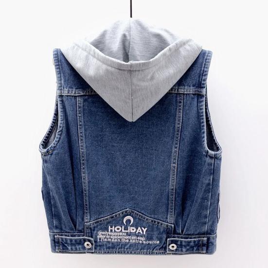 Fall Spring Lady Denim Coat Single-breasted Sleeveless Hooded Pockets Loose Jacket Drawstring Short Type Daily Wear Waistcoat