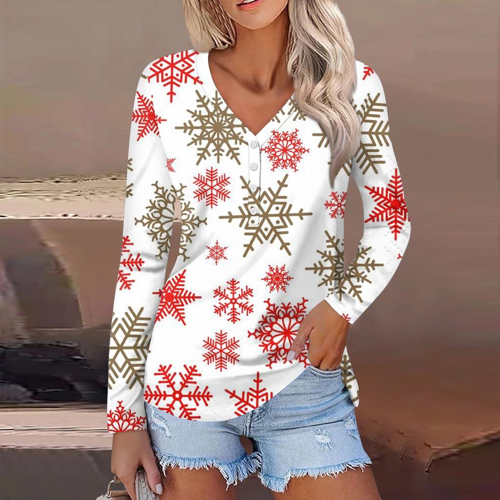 Women's Casual Fashion Sexy Comfort Christmas Printed V-Neck Button Long Sleeve