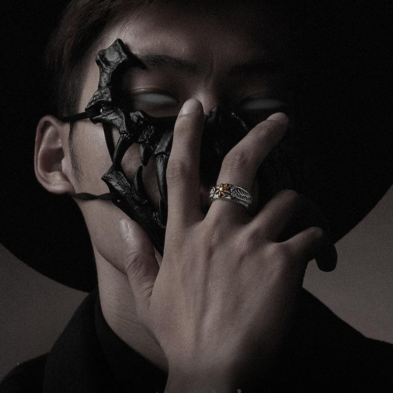 Кольцо из тайского серебра 925 пробы с подсолнухом и крыльями, мужское, ретро, личность, открытое кольцо, нишевый дизайн, граффити, одинарное кольцо