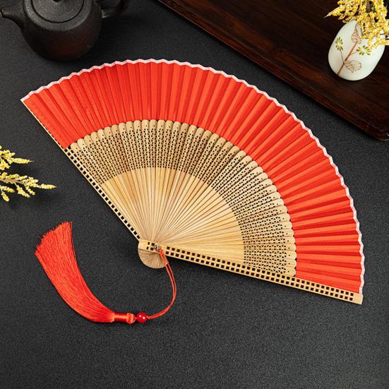 Bamboo Folding Fan with Tassels Hollow Ribs Portable Summer Hand Held Fan Decoration Dance