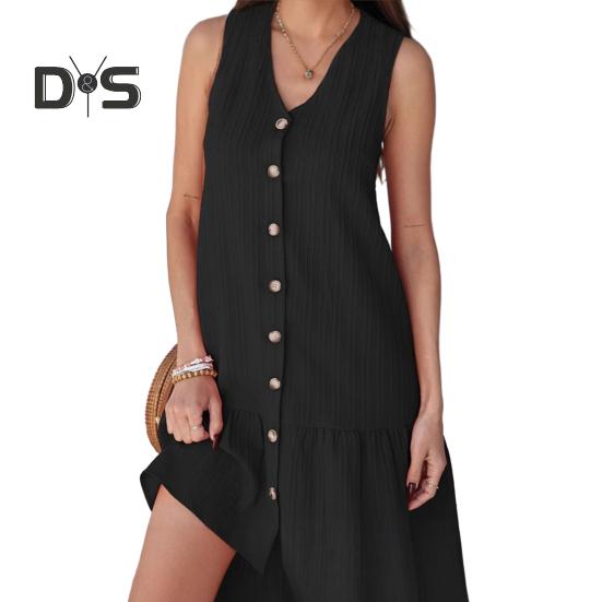 Летнее платье с V-образным вырезом без рукавов однобортное однотонное мини-платье однотонное свободное женское платье