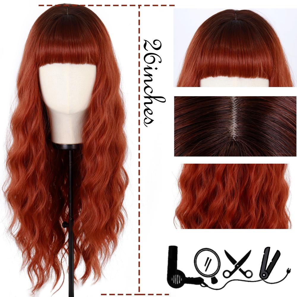 MERISIHAIR Long Ombre Synthetic Orange Red Black Pink Wigs with Bangs Water Wave Synthetic Heat Resistant Fiber Wigs for Women