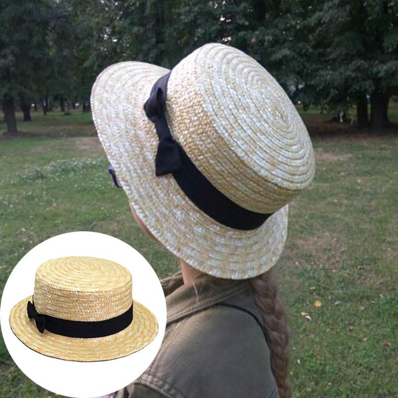 Women Straw Hat Bowknot Ribbon Flat Top Cap Summer Beach Sun Hat Ladies Kids Girls Wide Brim Boater