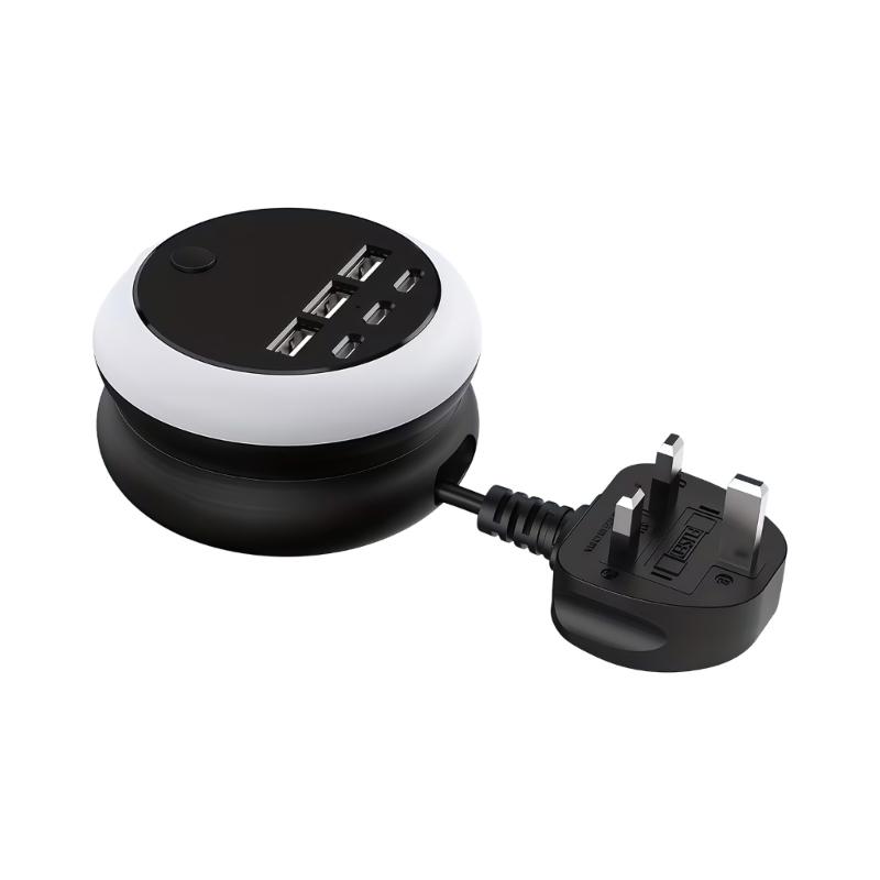 6-портовый USB-хаб для зарядки с 3-контактной вилкой, 3 порта USB-A, 3 порта USB-C, выдвижной шнур 1,2 м, светодиодная ночная лампа для стола, путешествий