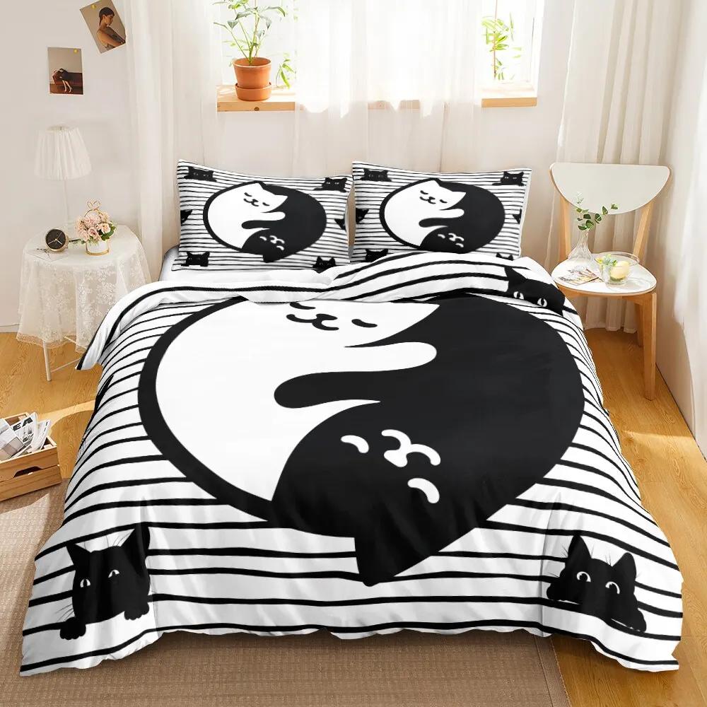 Cat Duvet Cover Set Digital Different Color Cartoon Cute Cat Bedding Set Bedclothes Double Queen King Size Polyester Qulit Cover