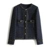 Женский осенне-зимний короткий женский твидовый пиджак в стиле ретро, ​​универсальные темно-синие пиджаки с круглым вырезом