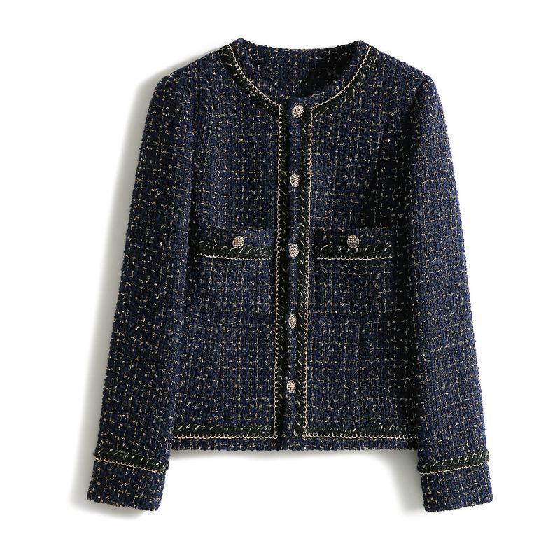 Женский осенне-зимний короткий женский твидовый пиджак в стиле ретро, ​​универсальные темно-синие пиджаки с круглым вырезом