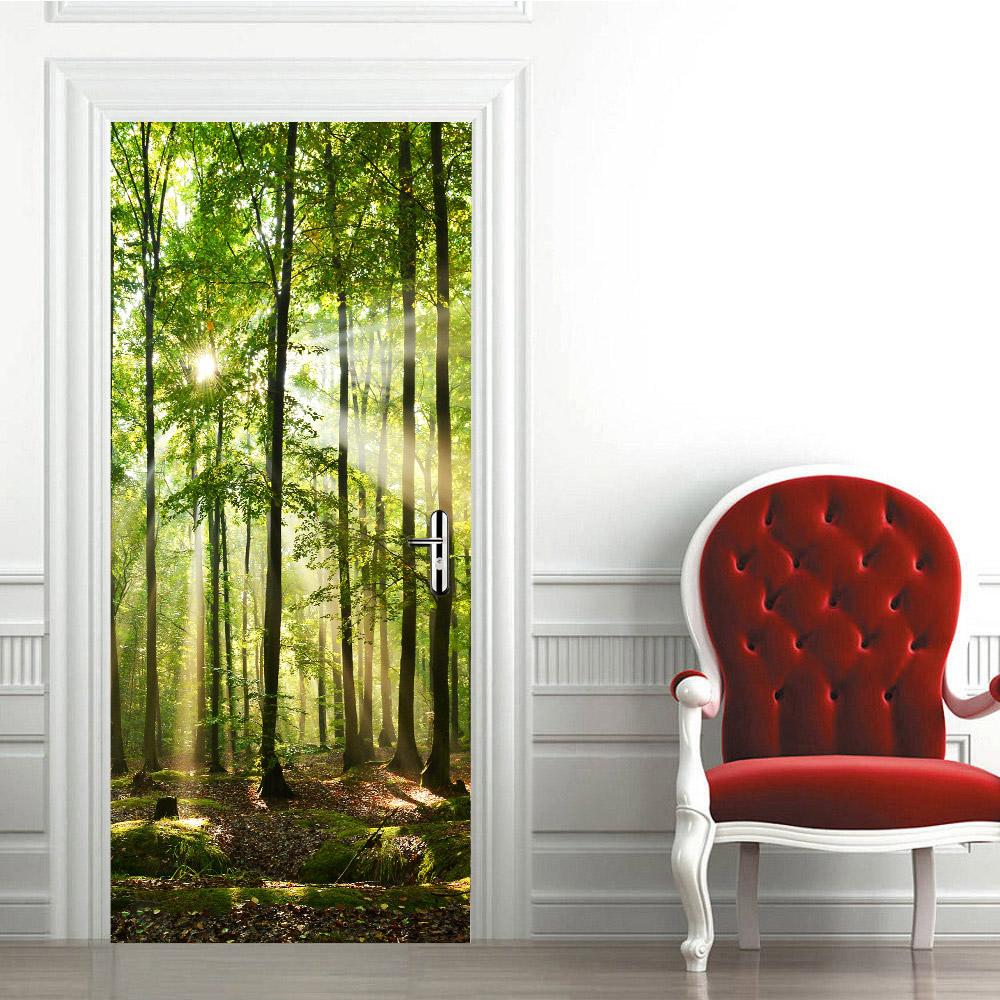 3D Наклейка на дверь с лесным узором, Водонепроницаемая самоклеящаяся съемная наклейка на дверь, Декоративные обои для дома
